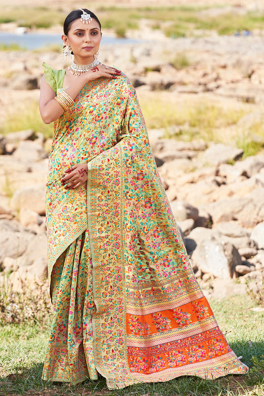 Tea Green Kashmiri Pashmina Saree