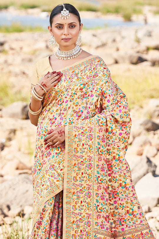 Buttermilk Beige Kashmiri Pashmina Saree