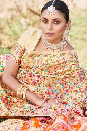 Buttermilk Beige Kashmiri Pashmina Saree