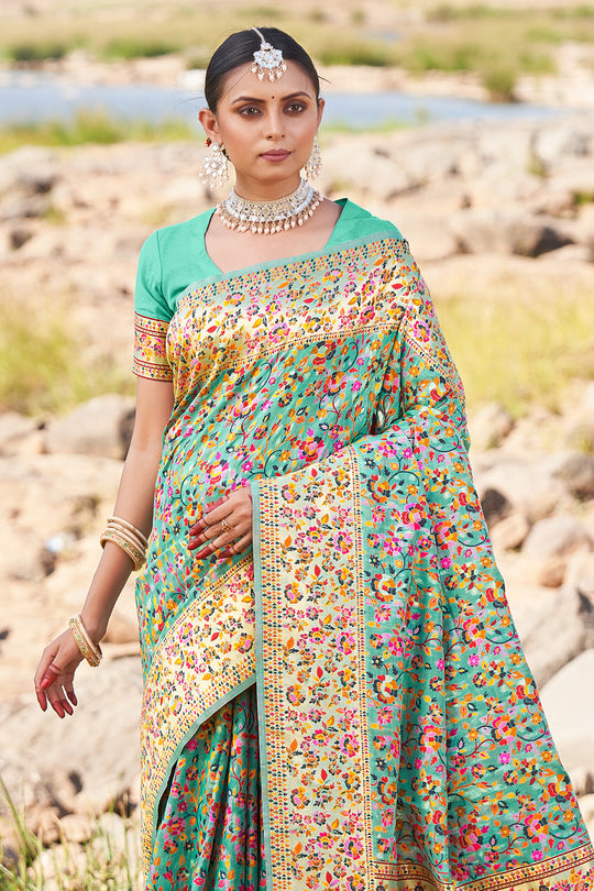 Seafoam Green Kashmiri Pashmina Saree