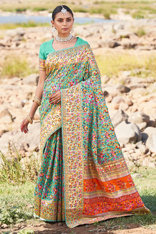 Seafoam Green Kashmiri Pashmina Saree