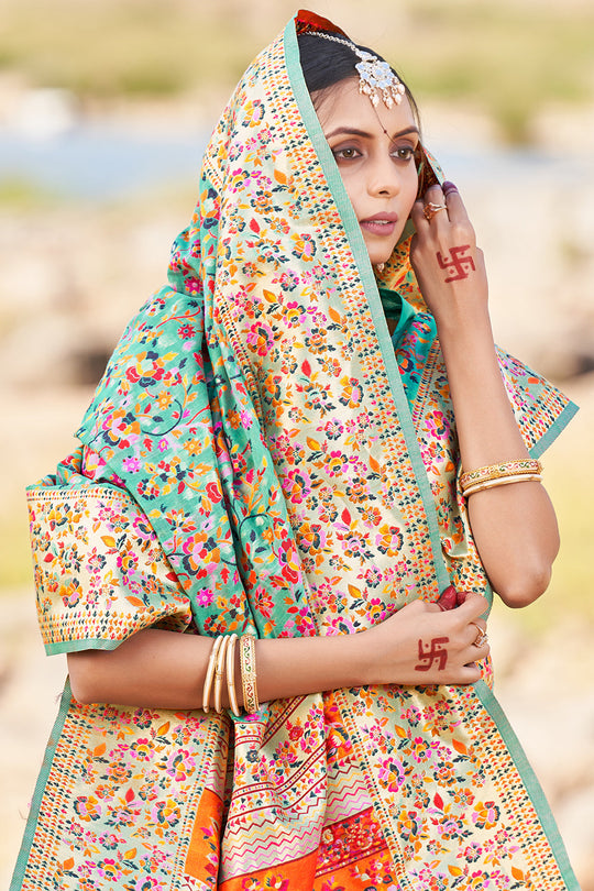 Seafoam Green Kashmiri Pashmina Saree