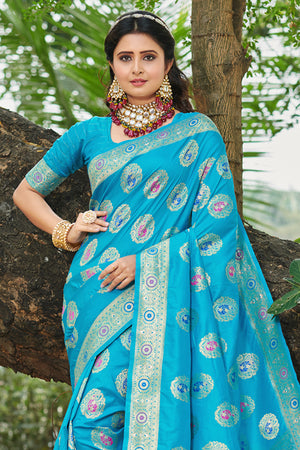 Cyan Blue Organza Saree