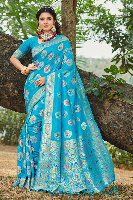 Cyan Blue Organza Saree