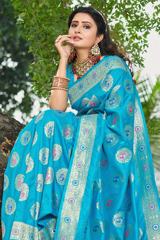 Cyan Blue Organza Saree