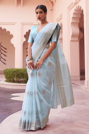 Powder Blue Linen Blend Saree