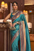 Teal Blue And Brown Banarasi Saree