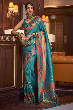 Teal Blue And Brown Banarasi Saree