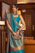 Teal Blue And Brown Banarasi Saree