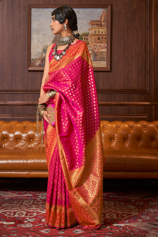 Magenta Pink And Orange Banarasi Saree
