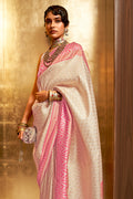 Buttermilk Beige And Pink Banarasi Saree