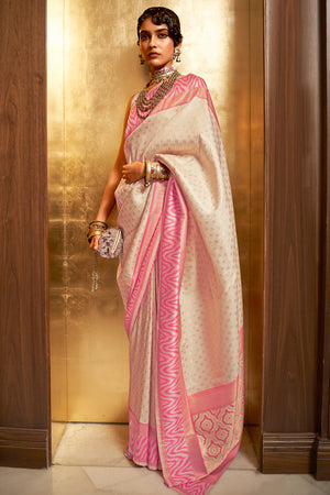 Buttermilk Beige And Pink Banarasi Saree