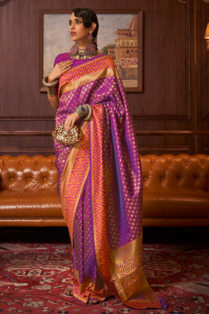 Fuscia Pink And Orange Banarasi Saree