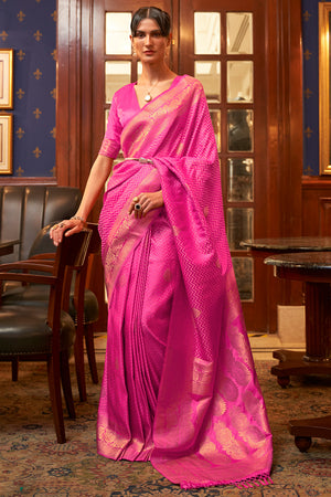 Hot Pink Satin Silk Saree