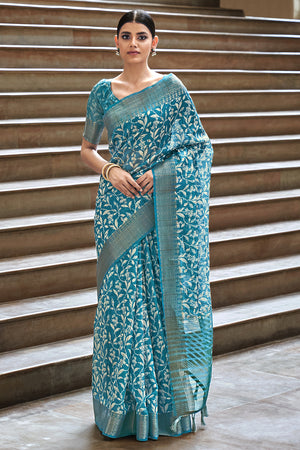 Cyan Blue Digital Print Saree