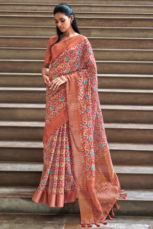 Coral Pink Digital Print Saree
