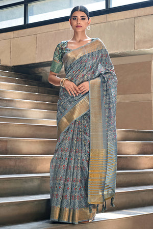 Steel Blue Digital Print Saree
