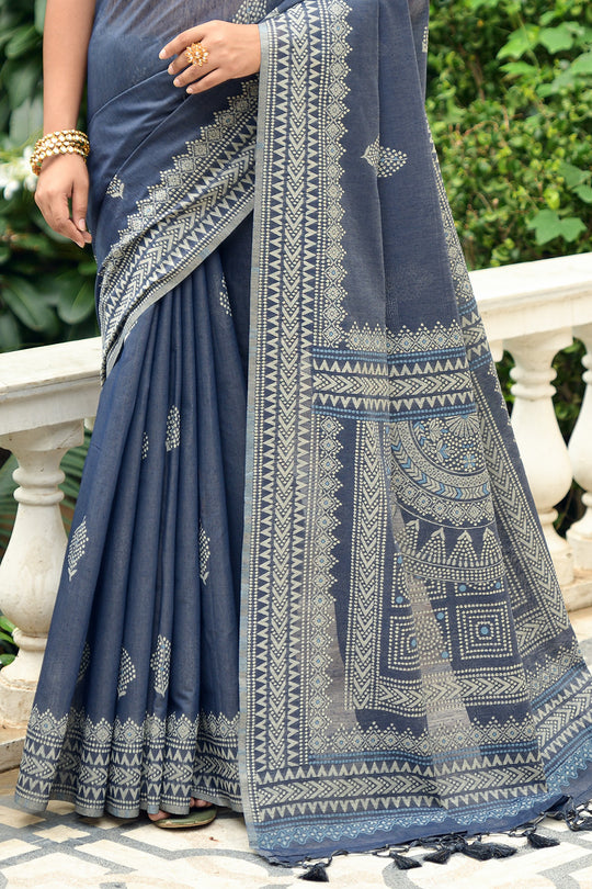 Denim Blue Cotton Saree
