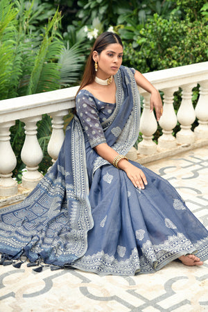 Denim Blue Cotton Saree