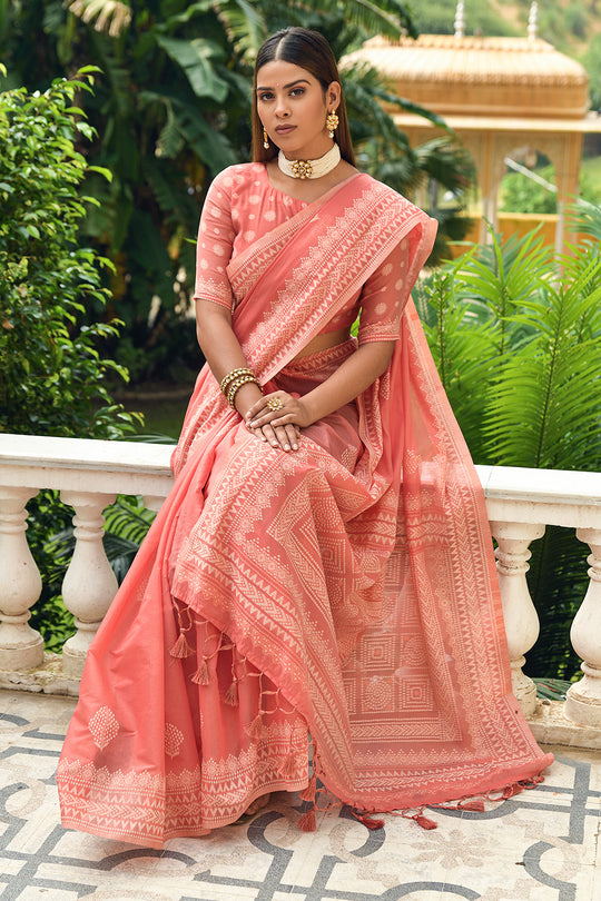 Salmon Peach Cotton Saree