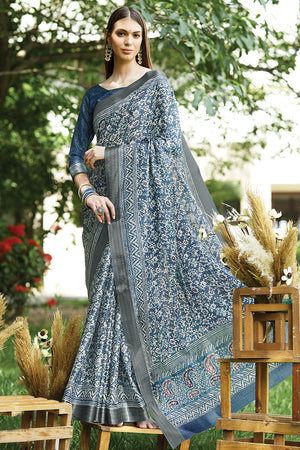 Denim Blue Digital Print Saree