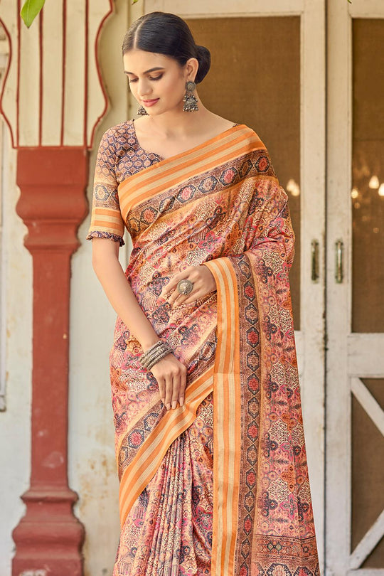 Salmon Pink Digital Print Saree