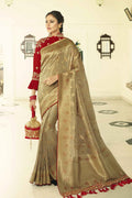 Antique gold designer banarasi saree with embroidered silk blouse - Wedding sutra collection - Buy online on Karagiri - Free shipping to USA