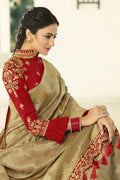 Antique gold designer banarasi saree with embroidered silk blouse - Wedding sutra collection - Buy online on Karagiri - Free shipping to USA