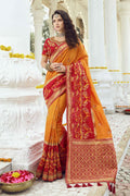 Mustard yellow designer banarasi saree with embroidered silk blouse - Wedding sutra collection - Buy online on Karagiri - Free shipping to USA
