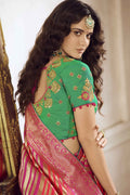 Pink woven designer banarasi saree with embroidered silk blouse - Wedding sutra collection - Buy online on Karagiri - Free shipping to USA