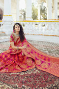 Orange pink woven designer banarasi saree with embroidered silk blouse - Wedding sutra collection - Buy online on Karagiri - Free shipping to USA