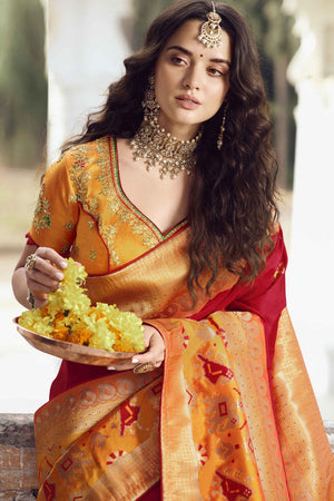 Bright Red Woven Designer Banarasi Saree With Embroidered Silk Blouse - Wedding Wardrobe Collection