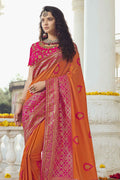 Mustard yellow pink woven designer banarasi saree with embroidered silk blouse - Wedding sutra collection - Buy online on Karagiri - Free shipping to USA