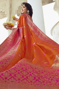 Mustard yellow pink woven designer banarasi saree with embroidered silk blouse - Wedding sutra collection - Buy online on Karagiri - Free shipping to USA