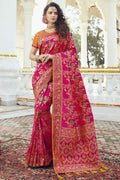 Deep pink floral woven designer banarasi saree with embroidered silk blouse - Wedding sutra collection - Buy online on Karagiri - Free shipping to USA