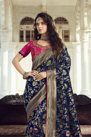 Bridal Navy Blue Woven Designer Banarasi Saree With Embroidered Silk Blouse - Wedding Wardrobe Collection
