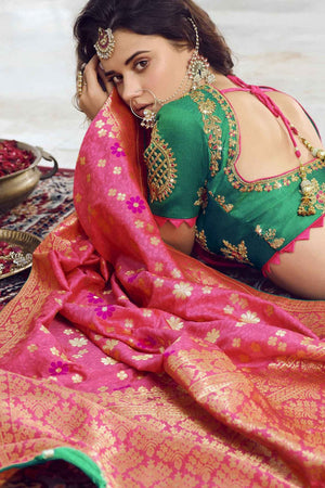 Pastel Pink Woven Designer Banarasi Saree With Embroidered Silk Blouse