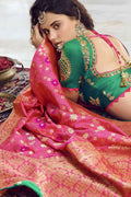 Pastel pink woven designer banarasi saree with embroidered silk blouse - Wedding sutra collection - Buy online on Karagiri - Free shipping to USA