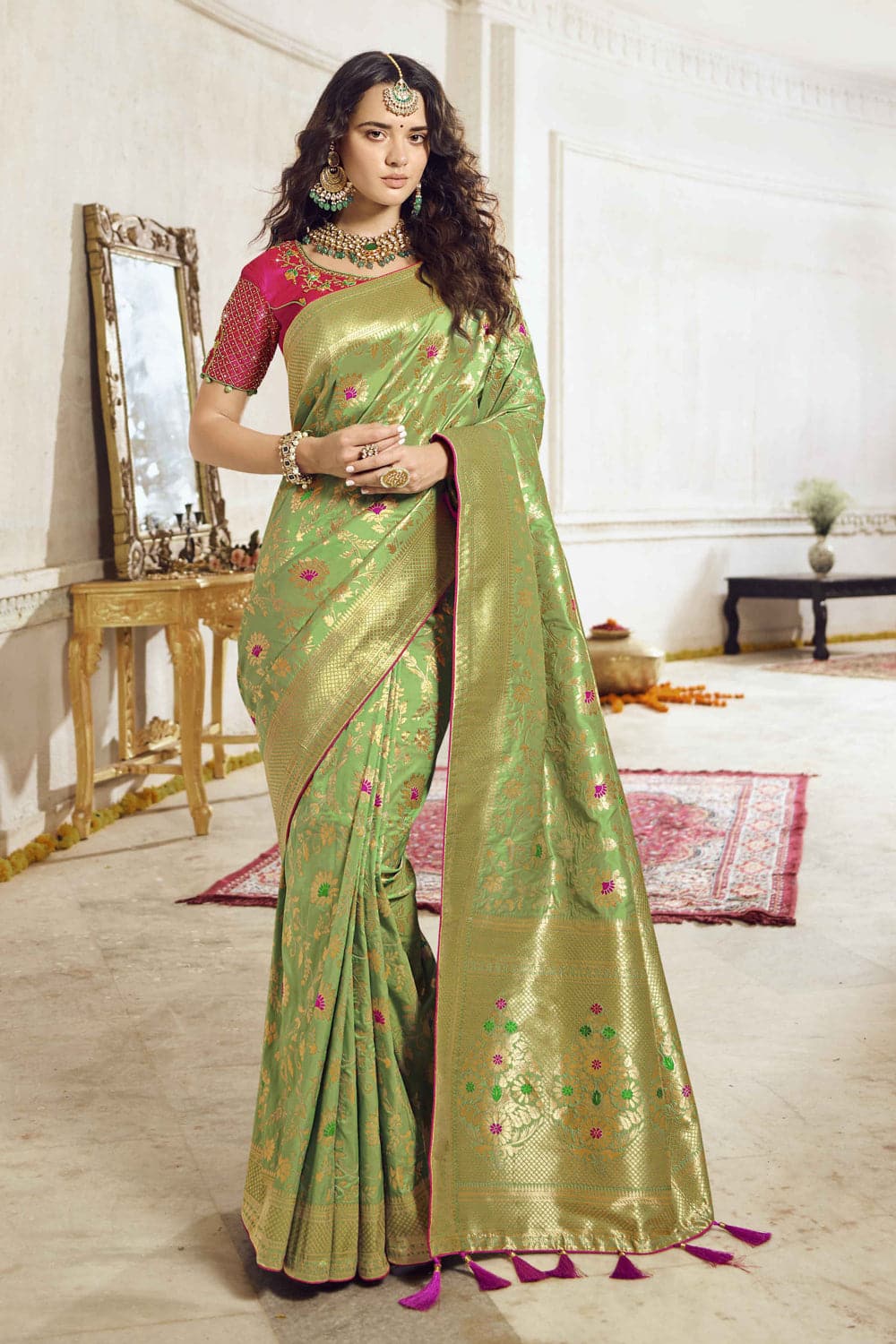 Pastel green woven designer banarasi saree with embroidered silk blouse - Wedding sutra collection - Buy online on Karagiri - Free shipping to USA