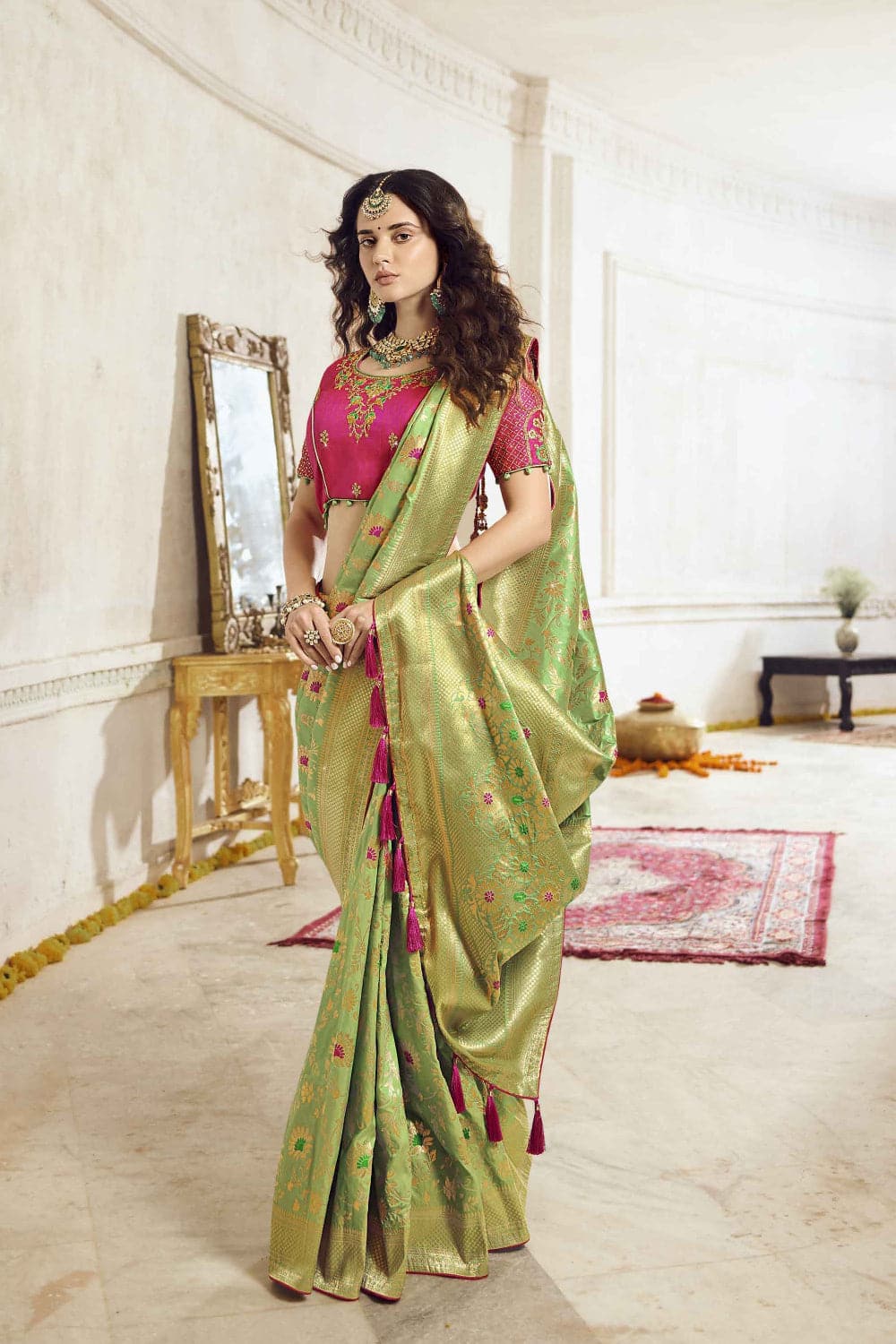 Pastel green woven designer banarasi saree with embroidered silk blouse - Wedding sutra collection - Buy online on Karagiri - Free shipping to USA