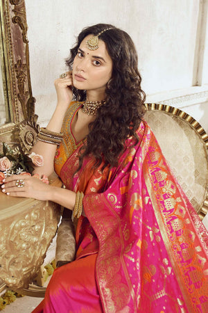 Orange Pink Shaded Woven Designer Banarasi Saree With Embroidered Silk Blouse