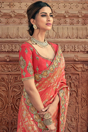 Coral Pink Woven Designer Banarasi Saree With Embroidered Silk Blouse