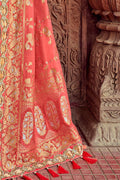 Coral pink woven designer banarasi saree with embroidered silk blouse - Wedding sutra collection - Buy online on Karagiri - Free shipping to USA