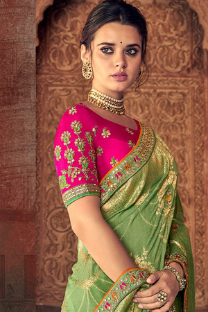 Asparagus Green Woven Designer Banarasi Saree With Embroidered Silk Blouse