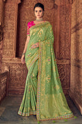 Asparagus green woven designer banarasi saree with embroidered silk blouse - Wedding sutra collection - Buy online on Karagiri - Free shipping to USA