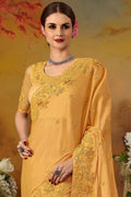 Butterscoth Yellow Embroidered Moti Work Satin Silk Saree
