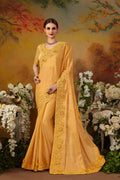 Butterscoth Yellow Embroidered Moti Work Satin Silk Saree