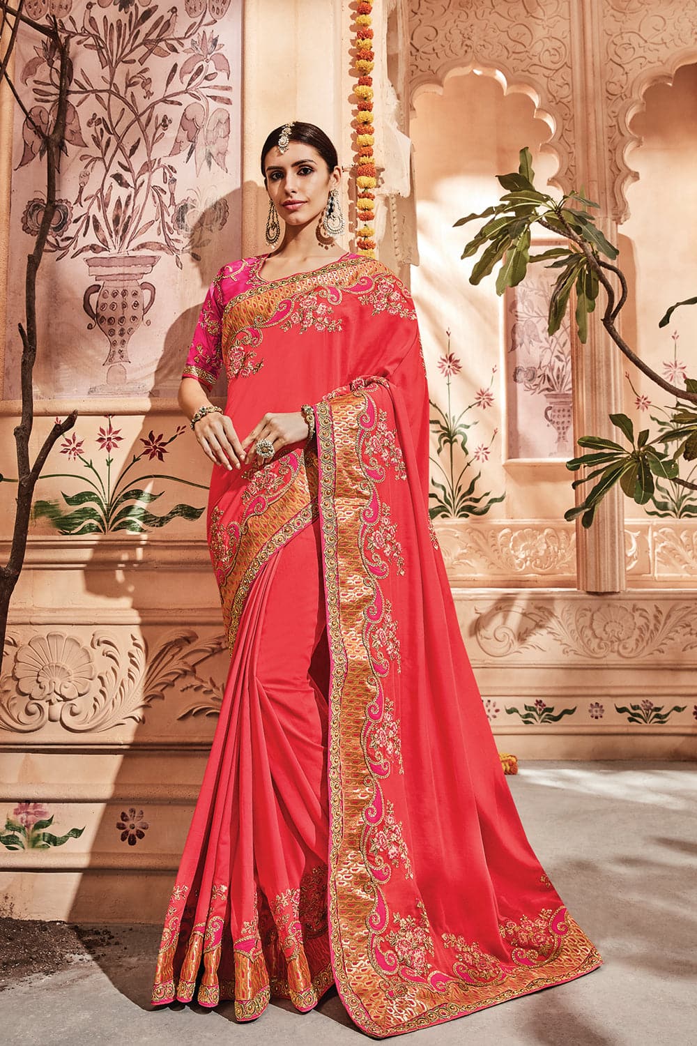 Buy Coral pink banarasi saree online at best price - Karagiri