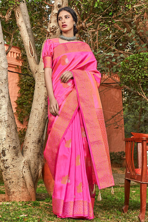 Hot Pink Zari Woven Chanderi Saree
