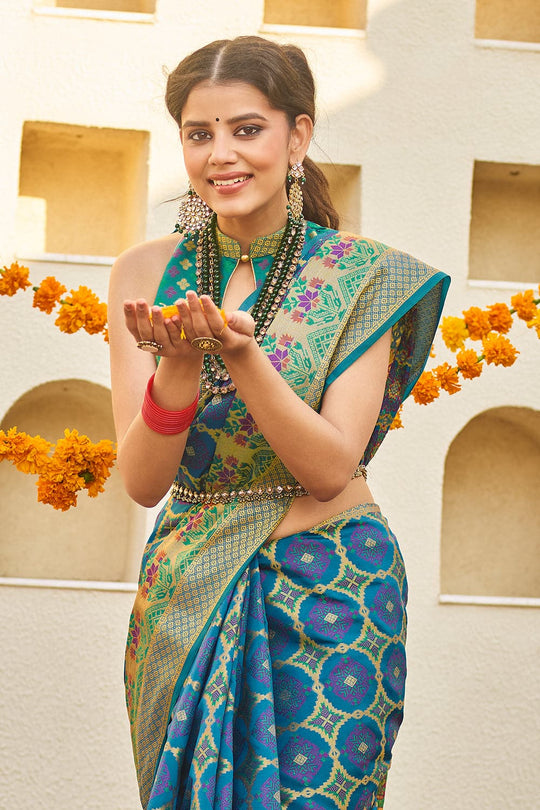 Azure Blue Zari Woven Banarasi Saree